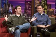 Adam Carolla and Jimmy Kimmel perform "The Man Show" on "The Tonight Show with Jay Leno" at NBC Studios in Los Angeles, California, on Monday, November 19, 2001. Photo by Kevin Winter/Getty Images.
